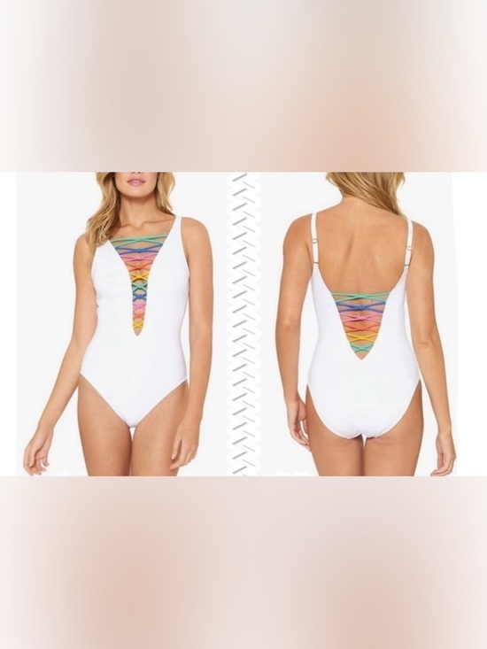 Bleu Rod Beattie Other - Bleu Rod Beattie White Swimsuit with Rainbow Lace Down One Piece Size 8